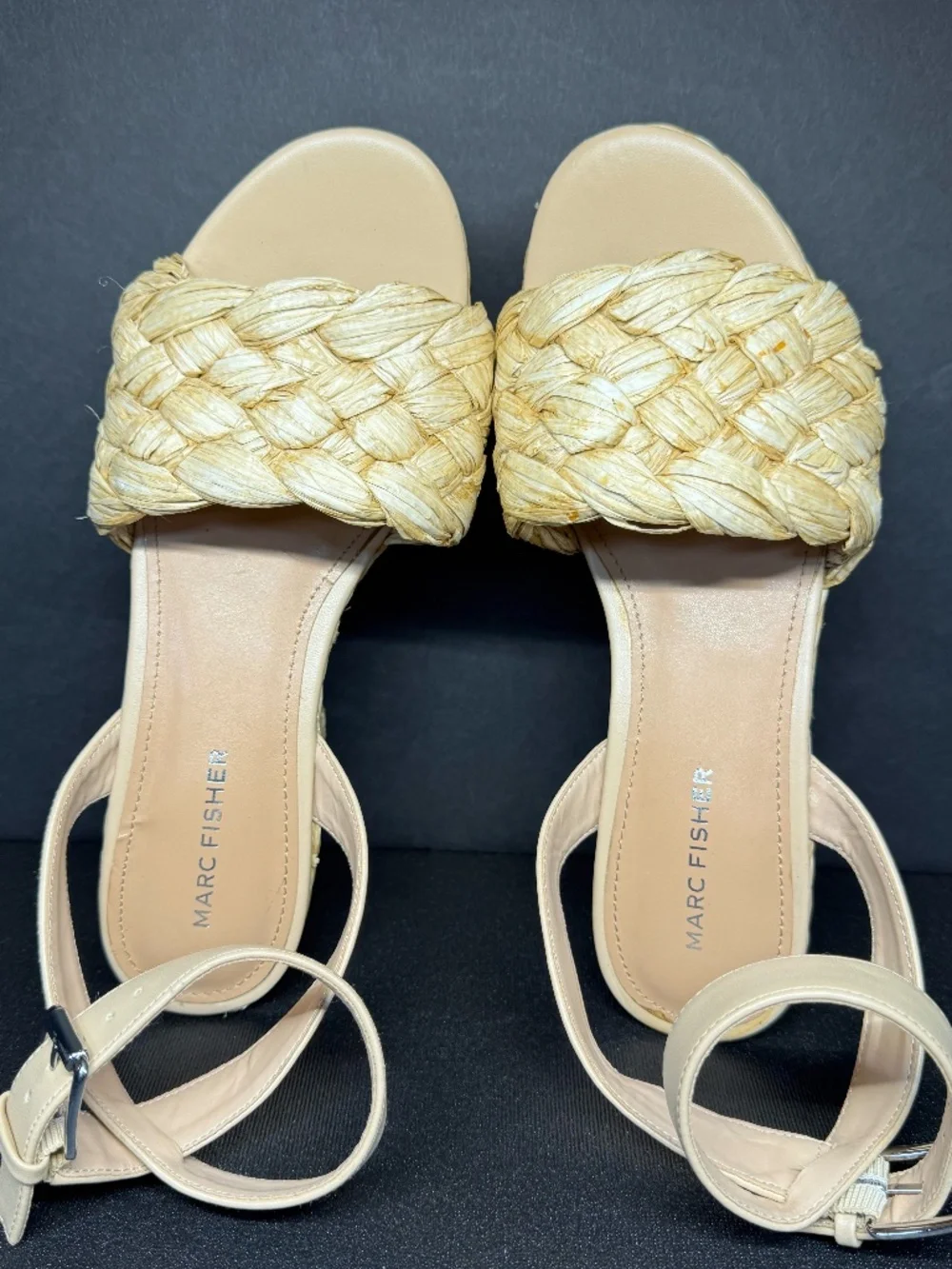 Marc Fisher Mesteel Raffia Platform Block Heel Sandals Beige Natural Size 7.5M